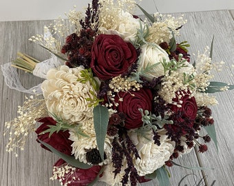 Wedding Bouquet, Bridal Bouquet, Sola Flower, Wedding Flower, Wooden Flower, Burgundy, Ivory, Rustic, Boho, Lily of Angeles