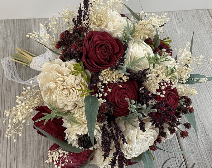 Wedding Bouquet, Bridal Bouquet, Sola Flower, Wedding Flower, Wooden Flower, Burgundy, Ivory, Rustic, Boho, Lily of Angeles