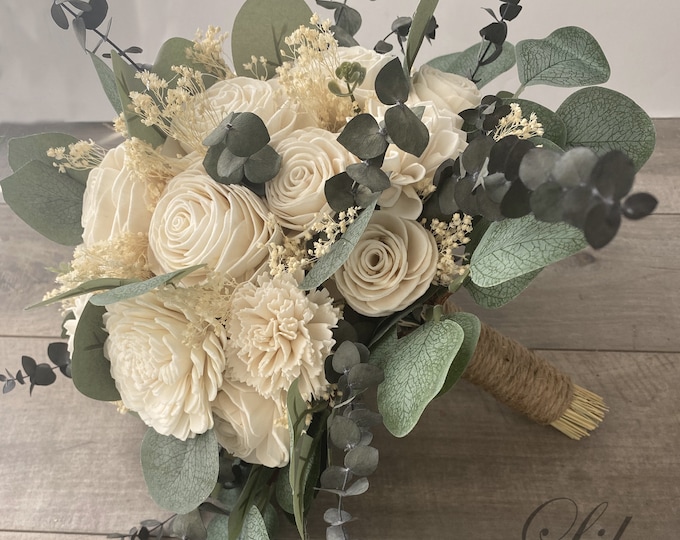 Wedding Bouquet, Bridal Bouquet, Bridesmaid Bouquet, Sola Flower, Wedding Flower, Wooden Flower, Ivory, Cream, Rustic, Boho, Lily of Angeles