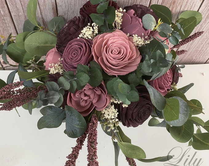 Wedding Bouquet, Bridal Bouquet, Bridesmaid Bouquet, Sola Flower, Wedding Flower, Wooden Flower, Plum, Mauve, Rustic, Lily of Angeles