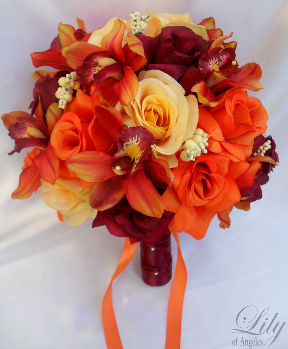 17pieces Wedding Bridal Bouquet Flowers ORANGE PURPLE Bride Boutonniere Groom