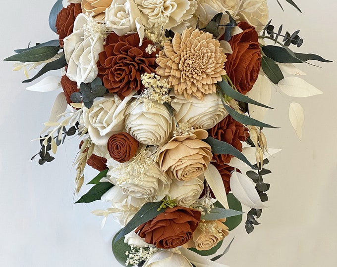 Wedding Bouquet Cascade Bridal Bouquet Sola Flower Boutonniere Wedding Flower Wood Rust Terracotta Blush Rustic Boho Lily of Angeles