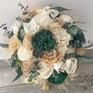 Hunter Green, Wedding Bouquet, Bridal Bouquet, Sola Flower, Wedding Flower, Wooden Flower, Emerald Green, Blush, Rustic, Boho image 10