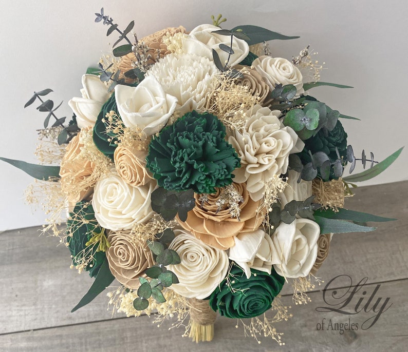 Hunter Green, Wedding Bouquet, Bridal Bouquet, Sola Flower, Wedding Flower, Wooden Flower, Emerald Green, Blush, Rustic, Boho image 10