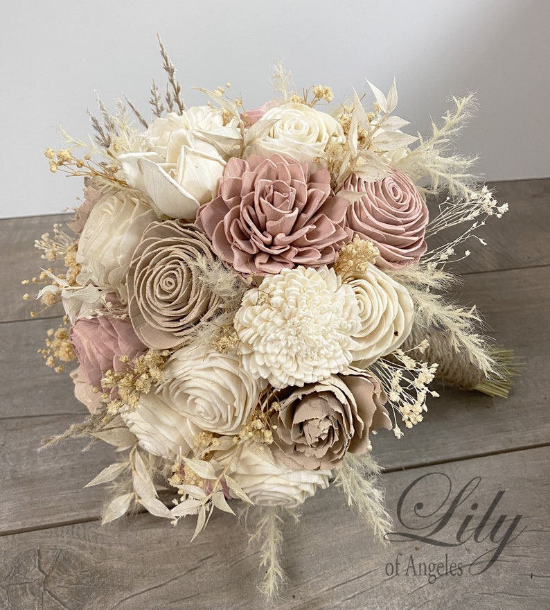 Wedding Bouquet, Bridal Bouquet, Sola Flower, Wedding Flower, Wooden Flower, Dusty Pink Mauve, Champagne, Rustic, Boho, Lily of Angeles image 2