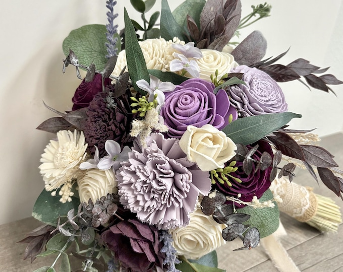 Wedding Bouquet, Bridal Bouquet, Sola Flower, Wedding Flower, Wooden Flower, Lavender, Purple, Plum, Rustic, Boho, Lily of Angeles