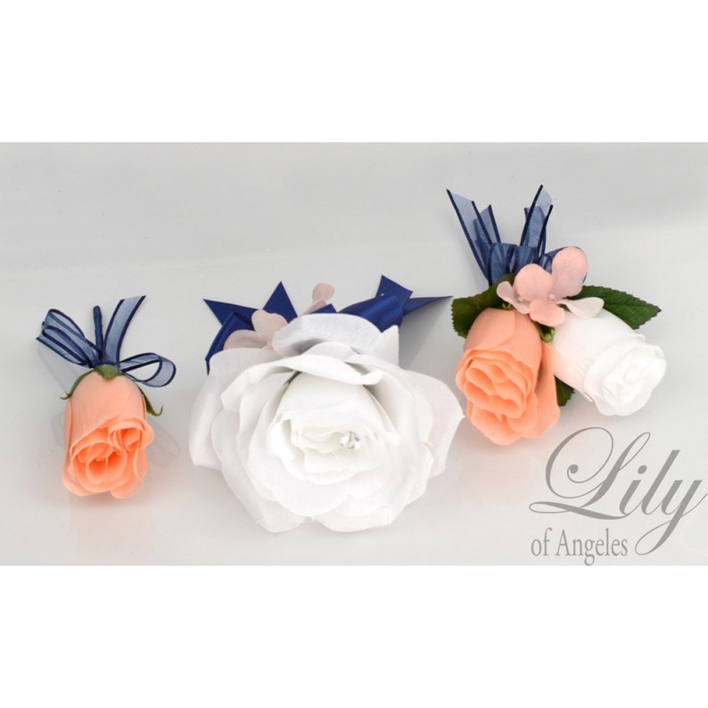 Blue Wedding Flowers Bridal Bouquet Royal Wedding Bouquet Peach Silk Flower Bouquet Lily of Angeles Bridesmaid Bouquet 17 Pcs Navy
