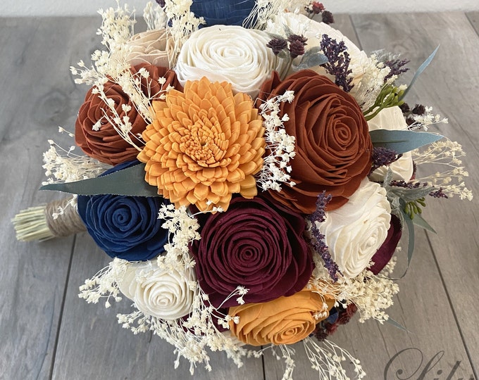 Wedding Bouquet, Bridal Bouquet, Sola Flower, Wedding Flower, Wooden Flower, Fall, Burgundy, Navy, Mustard, Rustic, Boho, Lily of Angeles