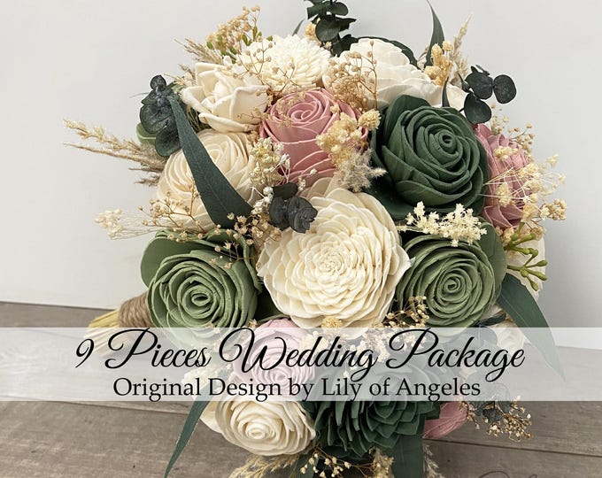 9 Pcs Package Wedding Bouquet Bridal Sola Flower Wedding Flower Wooden Flower Green Sage Eucalyptus Dusty Pink Rustic Boho Lily of Angeles