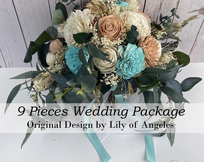 Wedding Bouquet, Bridal Bouquet, 9 Pieces Package, Sola Flower, Wedding Flower, Wooden Flower, Ivory, Peach, Rustic, Boho, Lily of Angeles