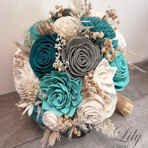 Wedding Bouquet, Bridal Bouquet, Sola Flower, Wedding Flower, Wooden Flower, Teal, Gray, Turquoise, Rustic, Boho, Lily of Angeles