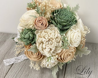 Wedding Bouquet, Bridal Bouquet, Sola Flower, Wedding Flower, Wooden Flower, Blush, Ivory, Peach, Green, Mint, Rustic, Boho, Lily of Angeles