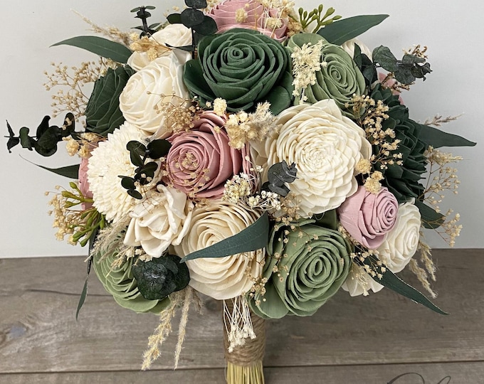 Wedding Bouquet, Bridal Bouquet, Sola Flower, Wedding Flower, Wooden Flower, Green, Sage, Eucalyptus, Dusty Pink Rustic Boho Lily of Angeles