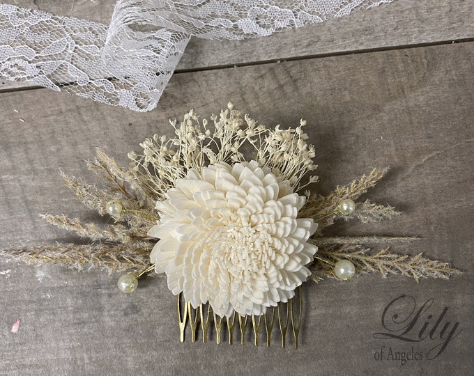 Bridal Hair Comb, Boho Hair Piece, Headpiece, Dried Flower Comb, Ivory, Pearl, Lily of Angeles