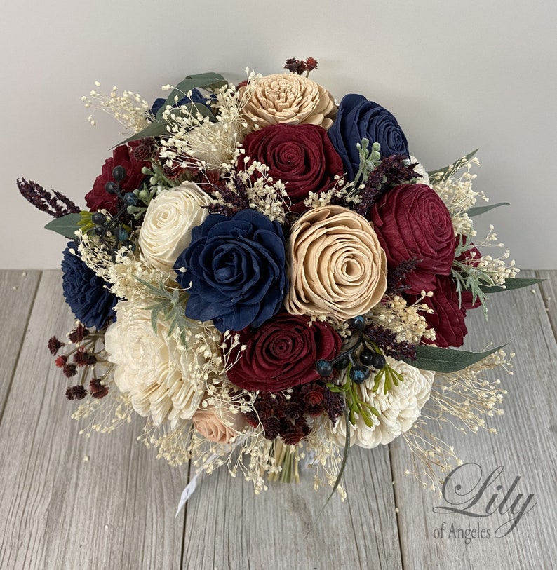 Wedding Bouquet, Bridal Bouquet, Sola Flower, Wedding Flower, Wooden Flower, Burgundy, Navy, Blush, Rustic, Boho, Lily of Angeles image 5