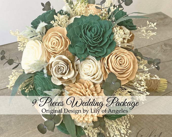 9Pcs Package, Hunter Green, Wedding Bouquet, Bridal Bouquet, Sola Flower, Wedding Flower, Wooden Flower, Emerald Green, Blush, Rustic, Boho