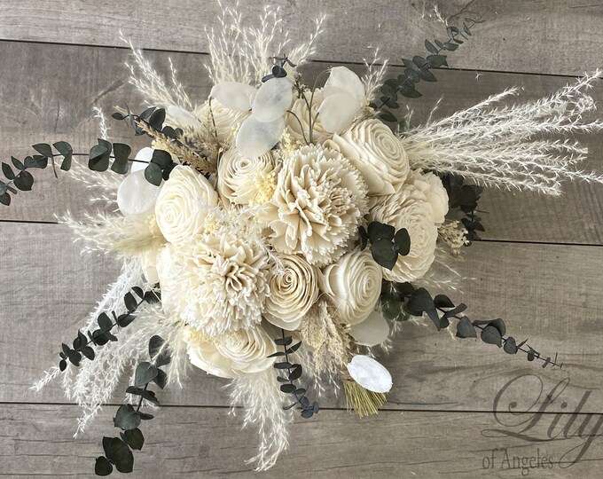 Wedding Bouquet, Bridal Bouquet, Bridesmaid Bouquet, Sola Flower, Wedding Flower, Wooden Flower, Cream, Ivory, pampas grass, Rustic, Boho