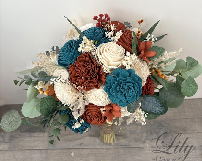 Wedding Bouquet, Bridal Bouquet, Sola Flower, Wedding Flower, Wooden Flower, Fall, Orange, Burnt, Teal, Rustic, Boho, Lily of Angeles