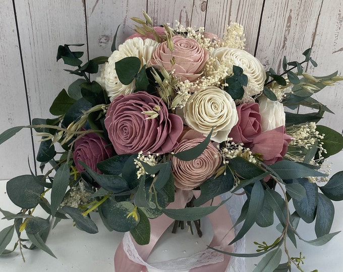 Wedding Bouquet, Bridal Bouquet, Bridesmaid Bouquet, Sola Flower, Wedding Flower Wooden Flower Dusty Pink Mauve Blush Rustic Lily of Angeles