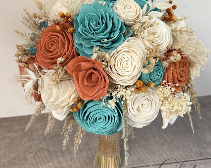 Wedding Bouquet, Bridal Bouquet, Sola Flower, Wedding Flower, Wooden Flower, Burnt Orange, Turquoise, Rustic, Boho, Lily of Angeles