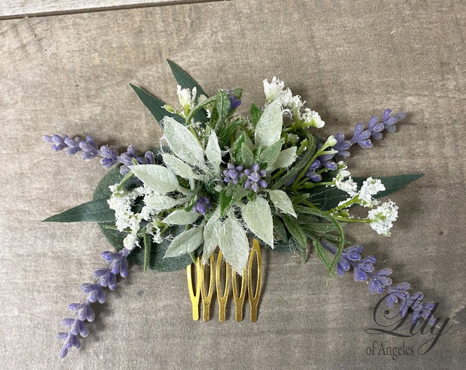 Bridal Hair Comb, Boho Hair Piece, Headpiece, Artificial Flower Comb, Lavender, Eucalyptus, Lily of Angeles