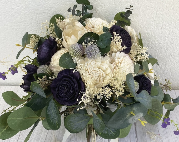 Wedding Bouquet, Bridal Bouquet, Bridesmaid Bouquet, Sola Flower, Wedding Flower, Wooden Flower, Ivory, Purple, Rustic, Lily of Angeles