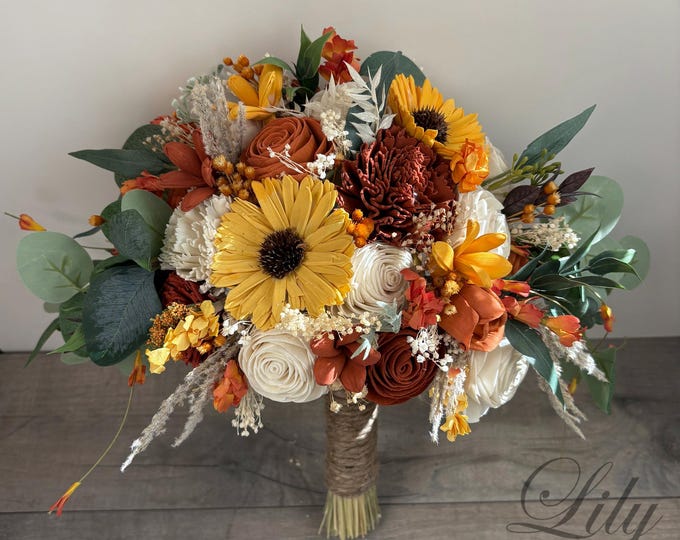 Wedding Bouquet Bridal Bouquet Bridesmaid Sola Flower Wedding Flower Wooden Flower Rust Burnt Orange Sunflower Boho Lily of Angeles