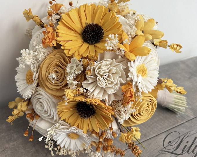 Wedding Bouquet Bridal Bouquet Bridesmaid Sola Flower Wedding Flower Wooden Flower Cream Sunflower Golden Yellow Rustic Boho Lily of Angeles