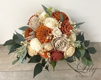 Wedding Bouquet, Bridal Bouquet, Bridesmaid Bouquet, Sola, Wedding Flower, Wooden Flower, Orange, Rust, Cream, Rustic, Boho, Lily of Angeles