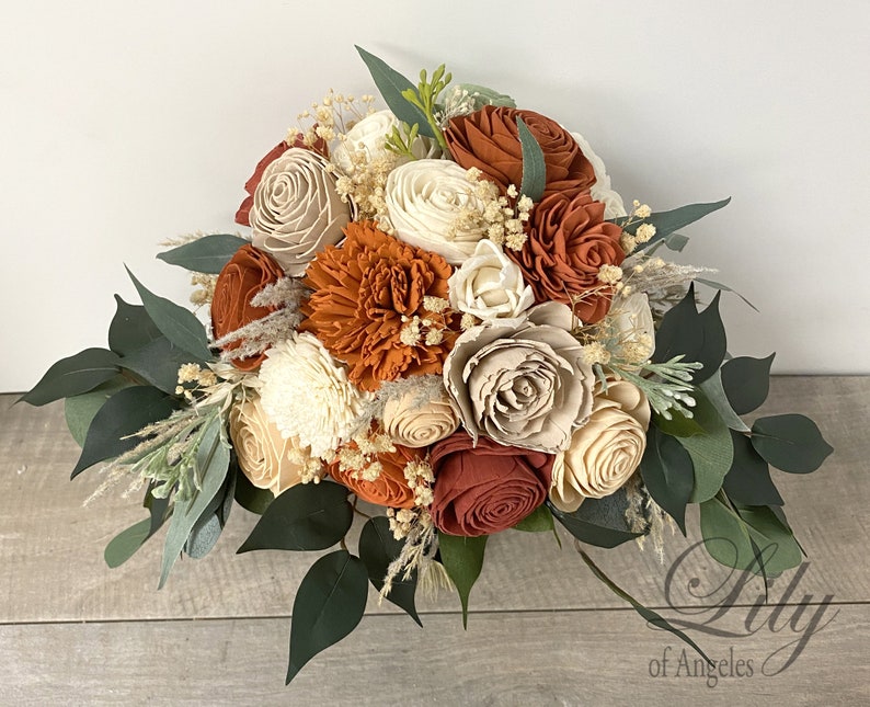 Wedding Bouquet, Bridal Bouquet, Bridesmaid Bouquet, Sola, Wedding Flower, Wooden Flower, Orange, Rust, Cream, Rustic, Boho, Lily of Angeles image 1