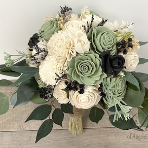 Wedding Bouquet, Bridal Bouquet, Bridesmaid Bouquet, Sola Flower, Wedding Flower, Wooden Flower Sage Black Cream Rustic Boho Lily of Angeles image 1