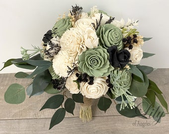 Wedding Bouquet, Bridal Bouquet, Bridesmaid Bouquet, Sola Flower, Wedding Flower, Wooden Flower Sage Black Cream Rustic Boho Lily of Angeles