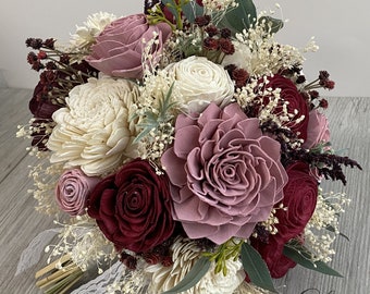 Wedding Bouquet, Bridal Bouquet, Sola Flower, Wedding Flower, Wooden Flower, Burgundy, Mauve, Rustic, Boho, Lily of Angeles