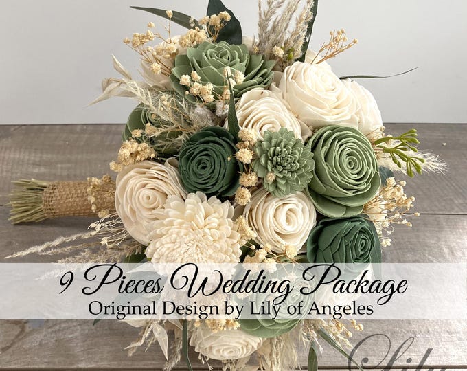 9 Pcs Package, Wedding Bouquet, Bridal Bouquet, Sola, Wedding Flower, Wooden Flower, Eucalyptus, Sage, Green, Rustic, Boho, Lily of Angeles