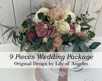 Wedding Bouquet, Bridal Bouquet, 9Pcs Package, Sola Flower, Wedding Flower Wooden Flower Dusty Pink Mauve Blush Rustic Lily of Angeles