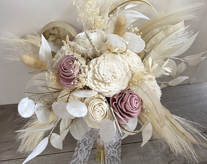 Wedding Bouquet, Bridal Bouquet, Bridesmaid Bouquet, Sola, Wedding Flower, Wooden Flower, Cream, Dusty pink, Rustic, Boho, Lily of Angeles