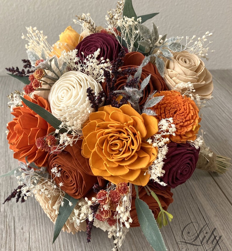 Wedding Bouquet, Bridal Bouquet, Sola Flower, Boutonniere, Wedding Flower, Wooden Flower, Rust, Burnt Orange, Rustic, Boho, Lily of Angeles image 2