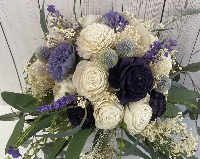 Wedding Bouquet, Bridal Bouquet, Bridesmaid Bouquet, Sola Flower, Wedding Flower, Wooden Flower, Purple, Lavender, Rustic, Lily of Angeles