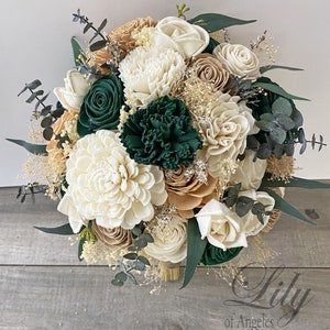 Hunter Green, Wedding Bouquet, Bridal Bouquet, Sola Flower, Wedding Flower, Wooden Flower, Emerald Green, Blush, Rustic, Boho image 3