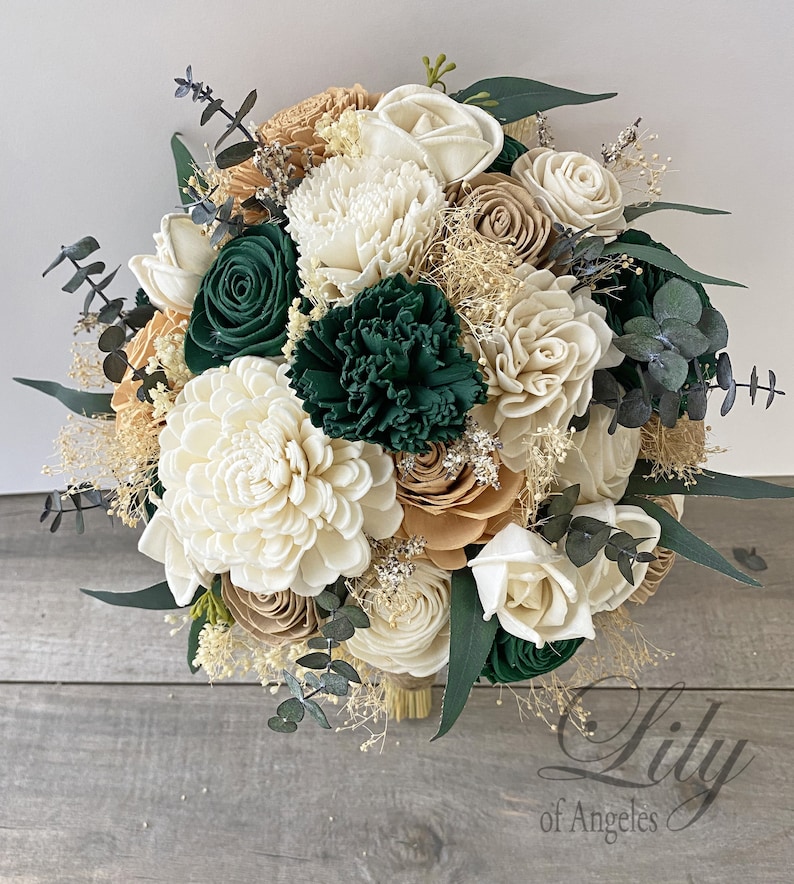 Hunter Green, Wedding Bouquet, Bridal Bouquet, Sola Flower, Wedding Flower, Wooden Flower, Emerald Green, Blush, Rustic, Boho image 3