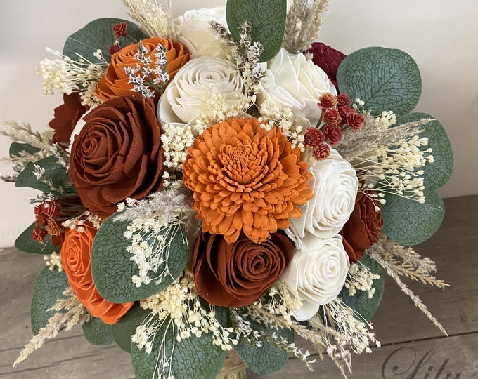 Wedding Bouquet, Bridal Bouquet, Sola Flower, Boutonniere, Wedding Flower, Wooden Flower, Rust, Burnt Orange, Rustic, Boho, Lily of Angeles