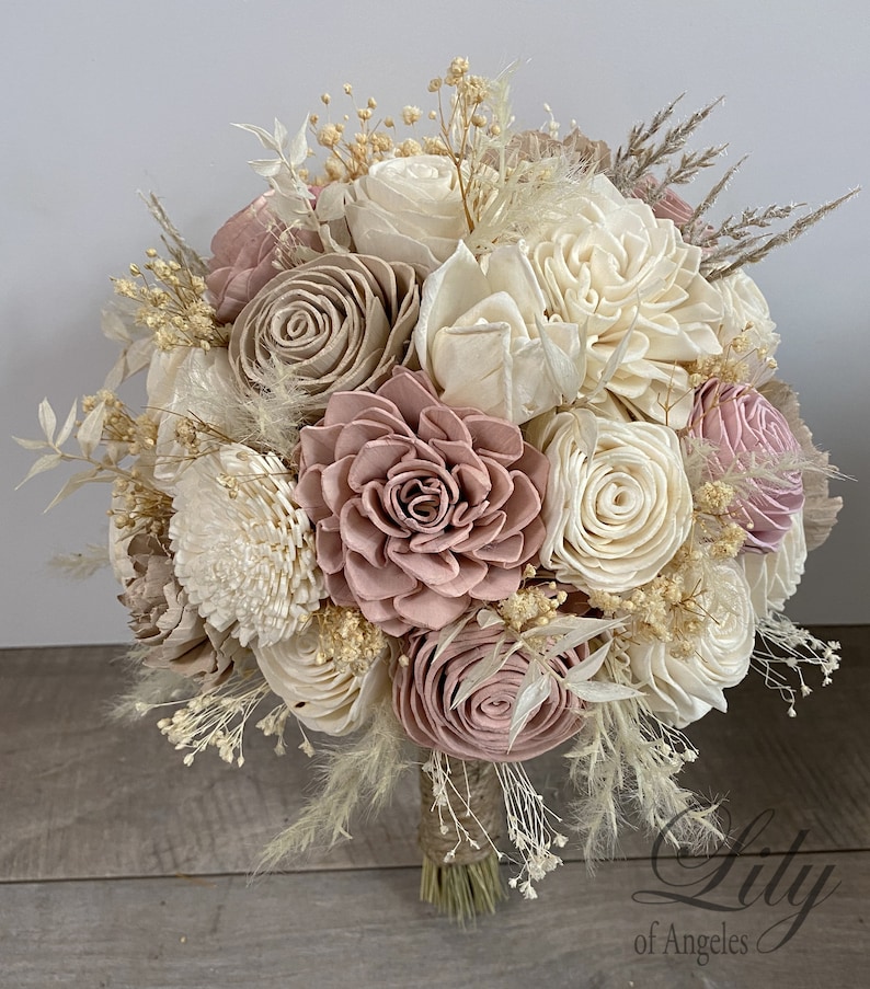 Wedding Bouquet, Bridal Bouquet, Sola Flower, Wedding Flower, Wooden Flower, Dusty Pink Mauve, Champagne, Rustic, Boho, Lily of Angeles image 10