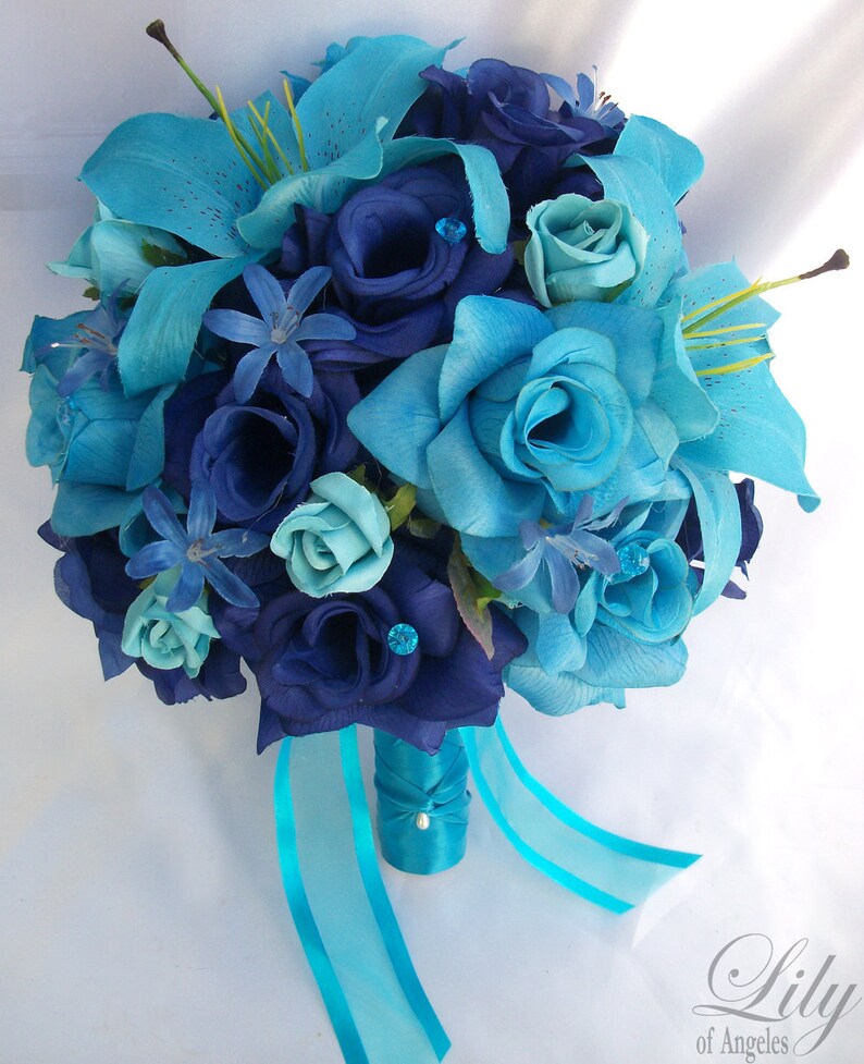 Malibu Wedding Bouquet Lily of Angeles Silk Flower Bouquet Bridal Bouquet RESERVED LISTING Turquoise Blue Bridesmaid Bouquet