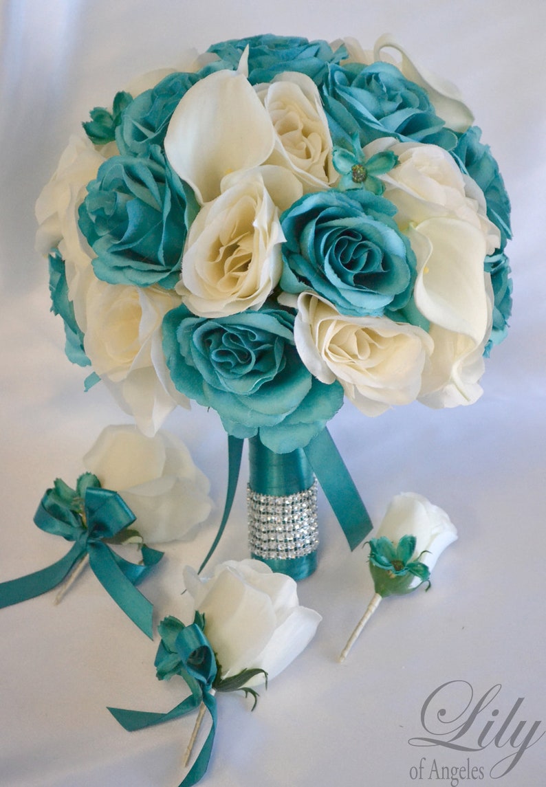 Bridesmaid Bouquet Bridal Bouquet Wedding Bouquet Teal Lily Of Angeles 17pcs Emerald Green Ivory Wedding Flower Silk Flower Bouquet Bouquets Weddings Bgc Sedahotels Com
