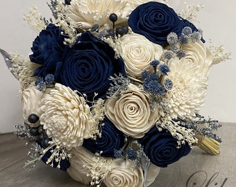 Wedding Bouquet, Bridal Bouquet, Sola Flower, Wedding Flower, Wooden Flower, Navy, Ivory, Rustic, Boho, Lily of Angeles