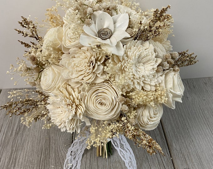 Wedding Bouquet, Bridal Bouquet, Bridesmaid Bouquet, Sola Flower, Wedding Flower, Wooden Flower, Ivory, Cream, Rustic, Boho, Lily of Angeles