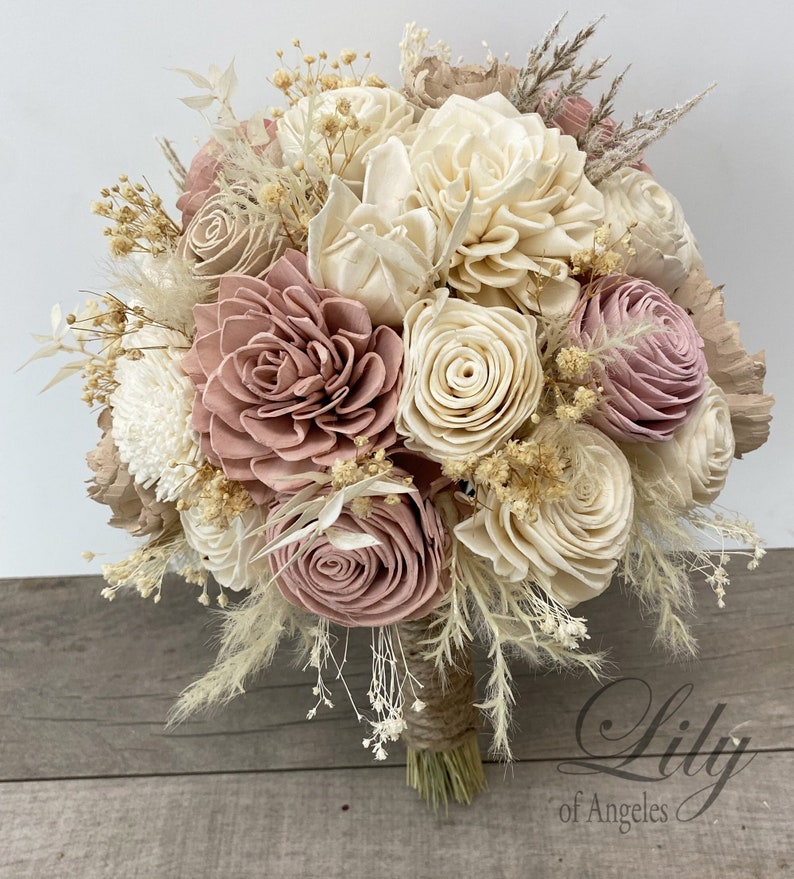 Wedding Bouquet, Bridal Bouquet, Sola Flower, Wedding Flower, Wooden Flower, Dusty Pink Mauve, Champagne, Rustic, Boho, Lily of Angeles image 1
