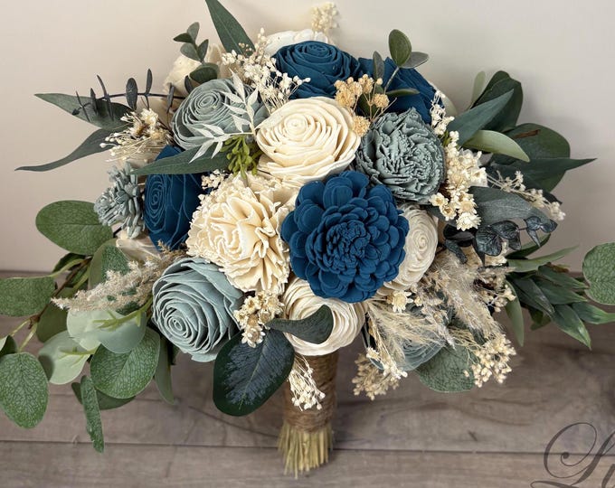 Wedding Bouquet, Bridal Bouquet, Sola Flower, Wedding Flower, Wooden Flower, Agave, Poecock, Teal, Rustic, Boho, Lily of Angeles