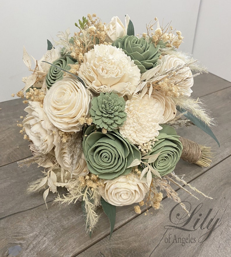 Wedding Bouquet, Bridal Bouquet, Sola Flower, Wedding Flower, Wooden Flower, Green, Sage, Eucalyptus, Corsage, Rustic, Boho, Lily of Angeles zdjęcie 1