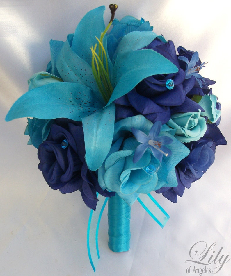 Malibu Wedding Bouquet Lily of Angeles Silk Flower Bouquet Bridal Bouquet RESERVED LISTING Turquoise Blue Bridesmaid Bouquet
